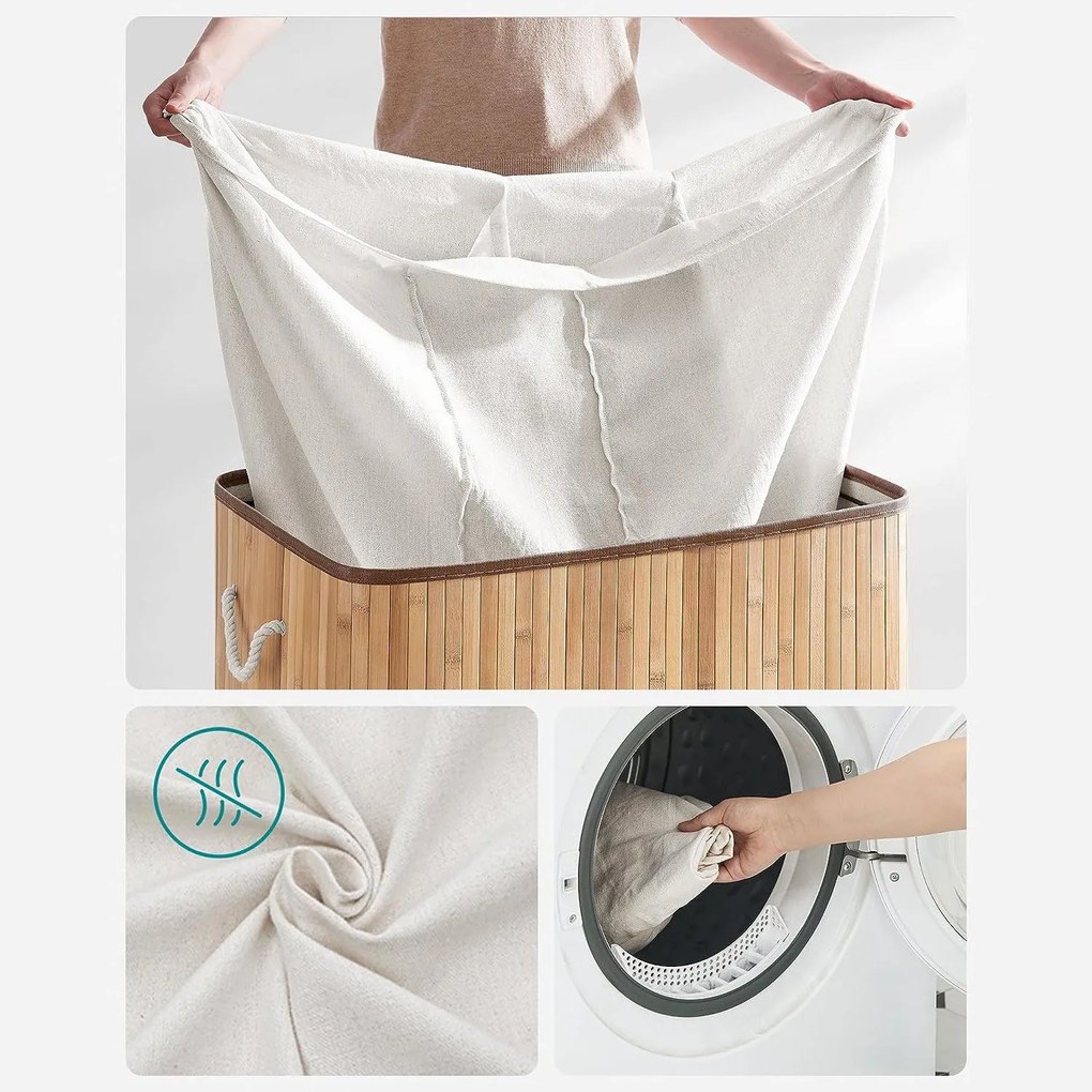 Bambusz szennyeskosár 3 rekesszel, fedéllel és fogantyúkkal, 150 literes