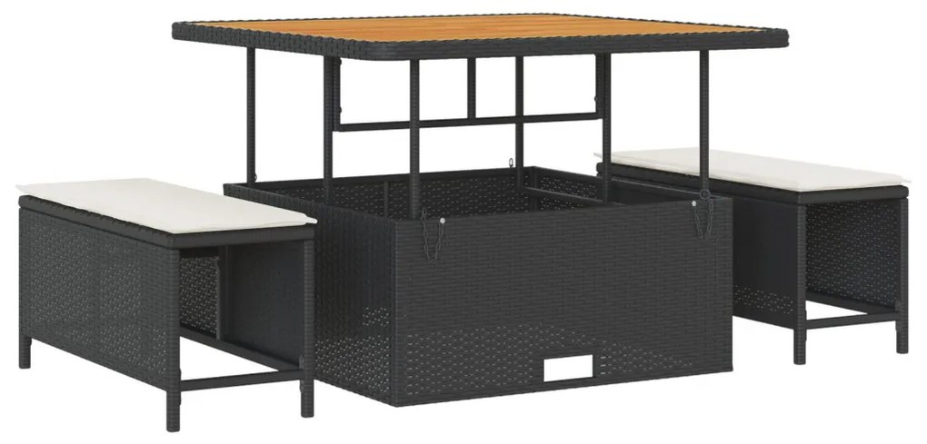 11 darabos Kerti Sofa Szett Párnákkal Fekete Poli Rattan Akáccal, 2-Fős Kert Sofa Párnákkal Fekete Poli Rattan, 3 darabos Kerti Étkező Szett Párnákkal Fekete Poli Rattan Akáccal