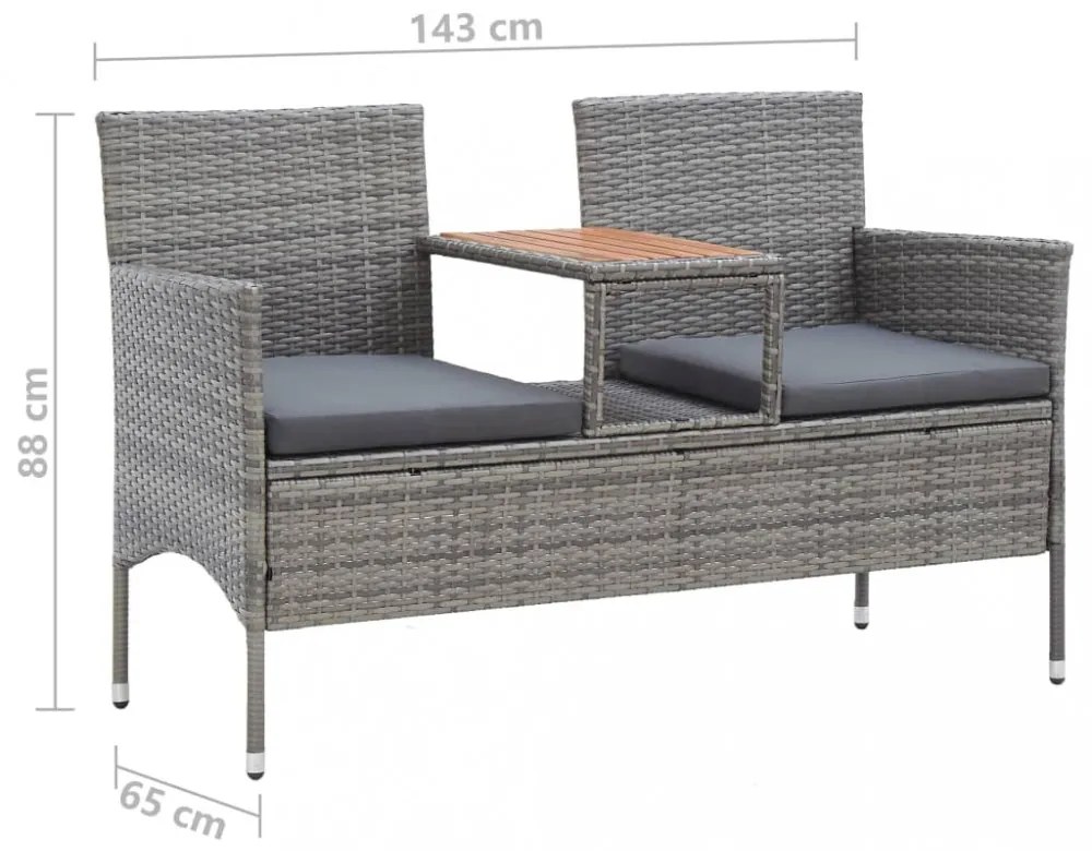 kétszemélyes szürke polyrattan kerti pad teázóasztallal 143 cm