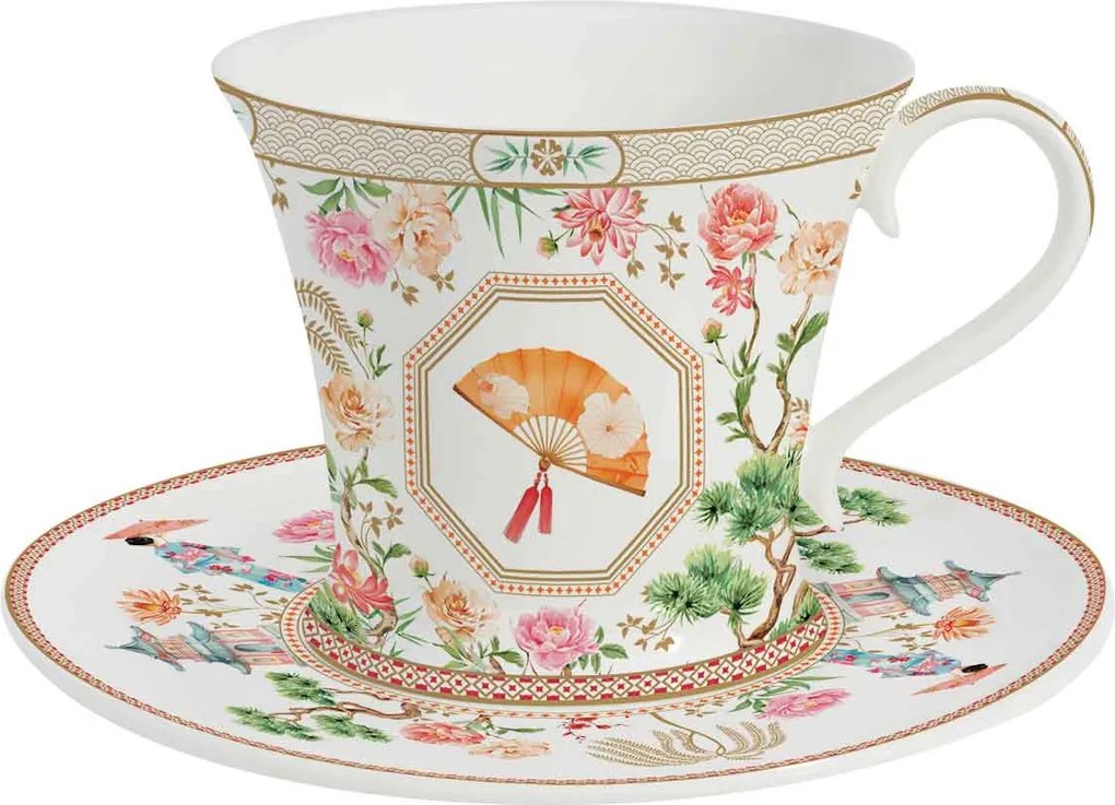 Csésze nagy szimpla 200 ml csészealj pasztell színek madarak virágok