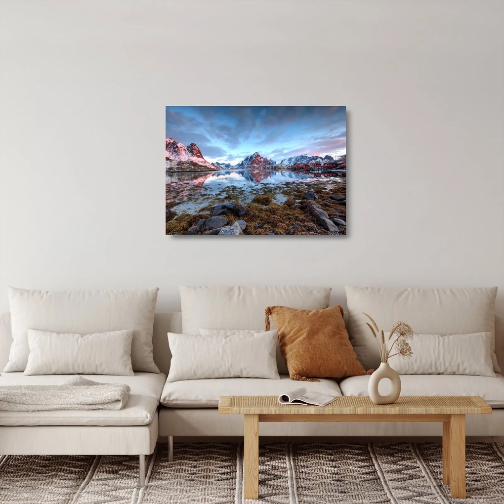 Üveg kép - Napfelkelte Reine felett (70x50 cm)