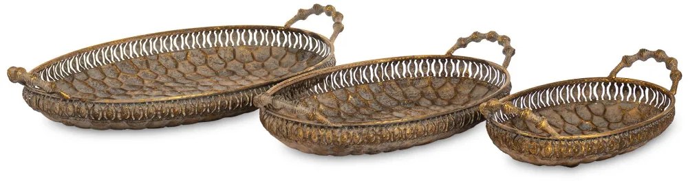 Antique keleties jellegű ovális dombormintás óarany 3db-os tálca szett 9x49x27 / 9x42x23 / 9x31x17cm