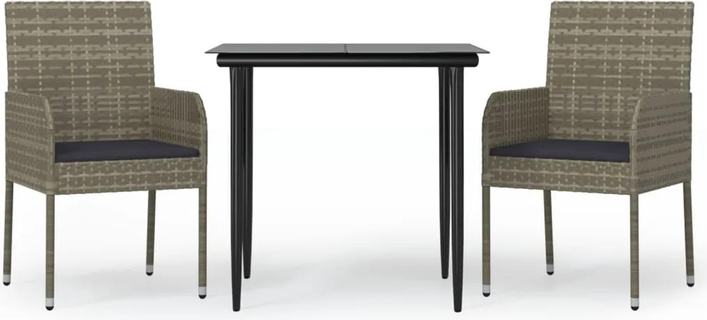 vidaXL 3 részes fekete és szürke polyrattan kerti étkezőszett párnával