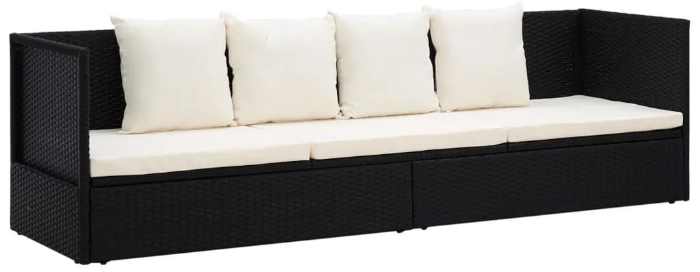 Fekete polyrattan kerti ágy hát- és ülőpárnákkal