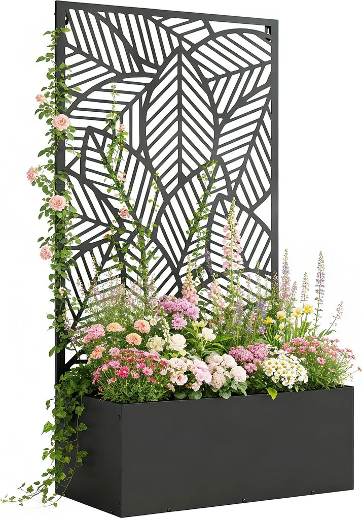 Outsunny fém emelt virágláda rácssal — falra szerelhető vagy önálló, levelekmintás takaráspanel | Aosom