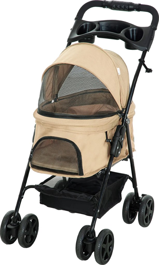 PawHut Kiskutya Kocsik a Kiskutyák és Macskák Számára, Összecsukható Funkcióval Oxford Khaki 67 x 45 x 96 cm | Aosom