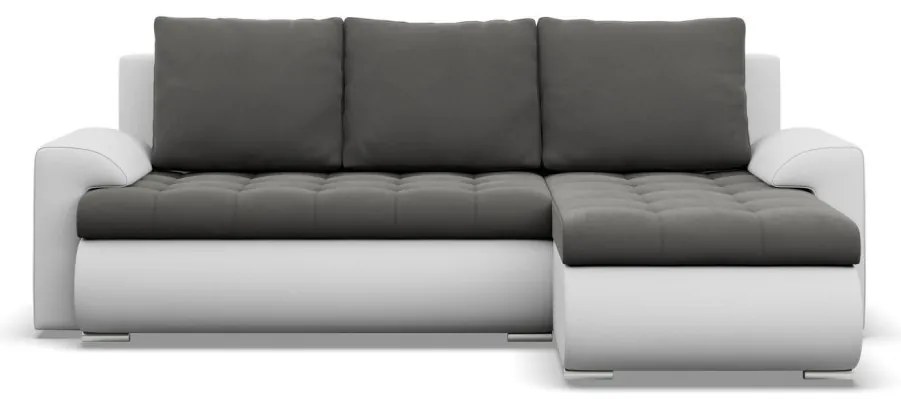 Tokio sarokkanapé, 2 ágyneműtartóval, bársony + műbőr, jobboldali, szürke - fehér