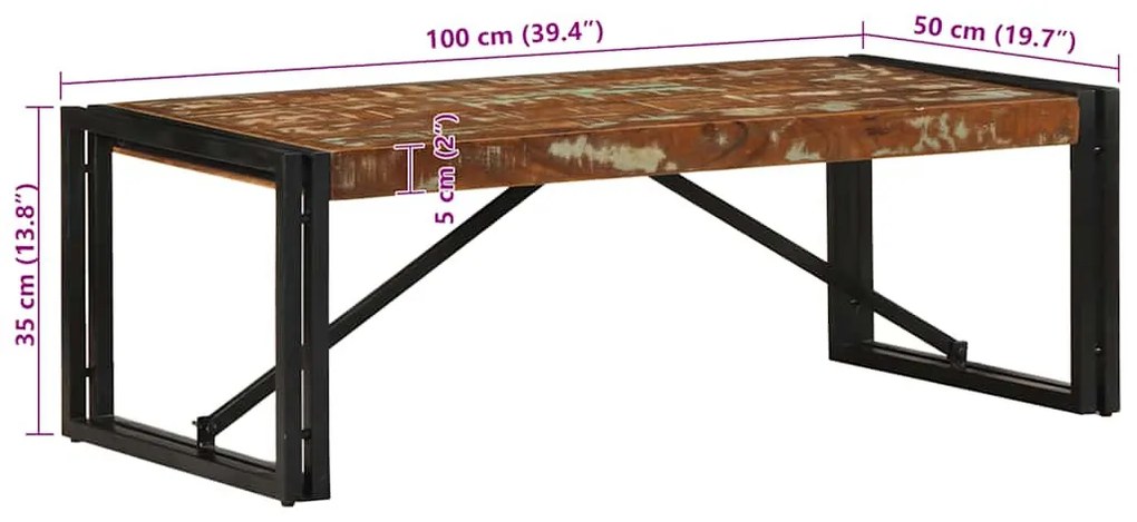 többszínű tömör újrahasznosított fa dohányzóasztal 100x50x35 cm