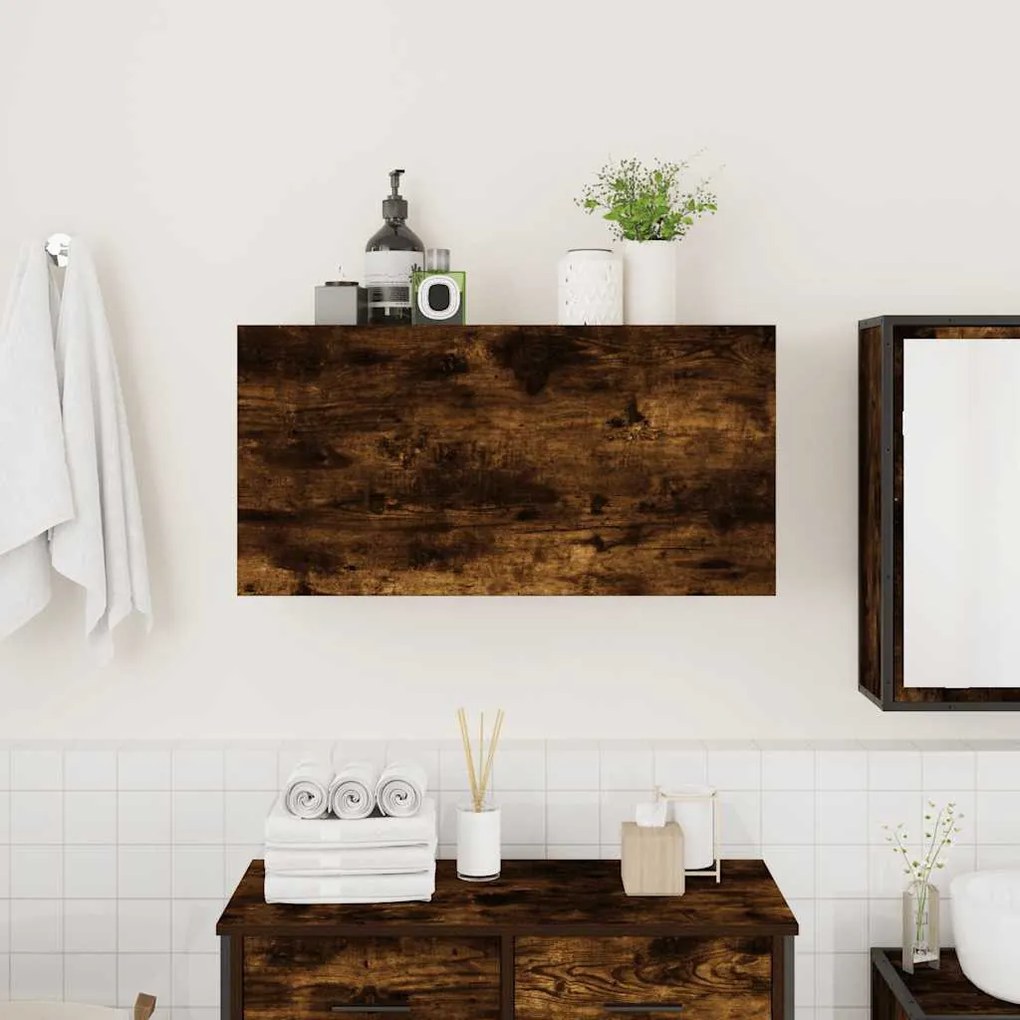 füstös tölgyszínű szerelt fa fali fürdőszobaszekrény 80x25x40cm