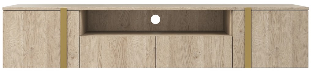 Verica 200 cm-es TV-szekrény, falra szerelhető, nyitott polccal - szivacsos tölgy / arany fogantyúk