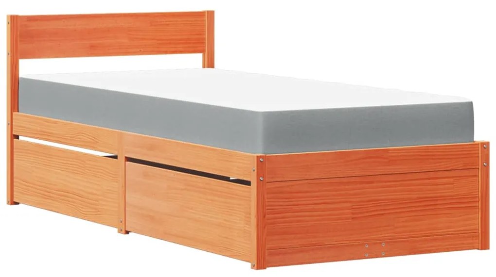 viaszbarna tömör fenyőfa ágy fiókokkal és matraccal 90 x 190 cm