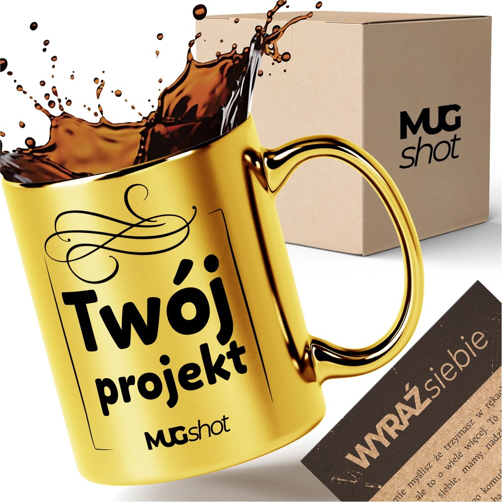 arany bögre logó grafikával nyomtatott szöveggel ajándékba csomagolás