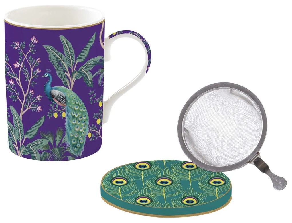 Páva mintás porcelán teás bögre szűrővel tetővel szett Imperial Peacock Coffee Mania