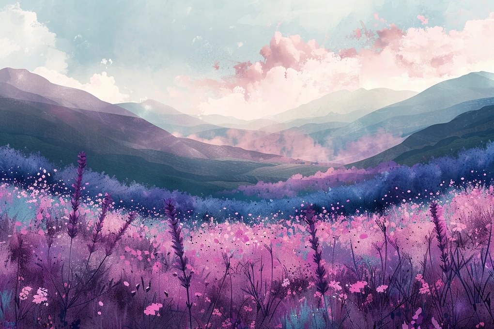 Vászonkép Canvas Tájkép Hajnal Hegyek Rét Virágok Köd 60x40