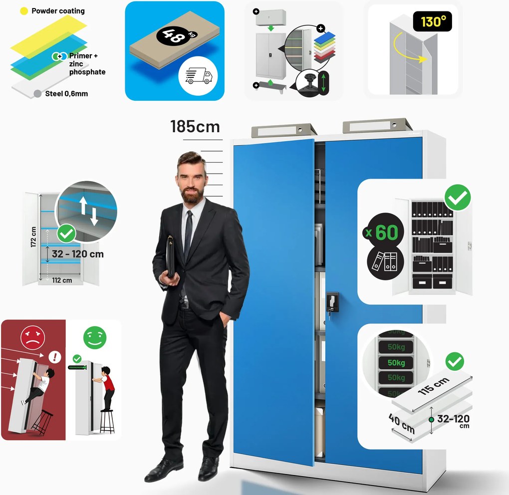 Fém iratszekrény JAN II, 1150 x 1850 x 400 mm, szürke-kék