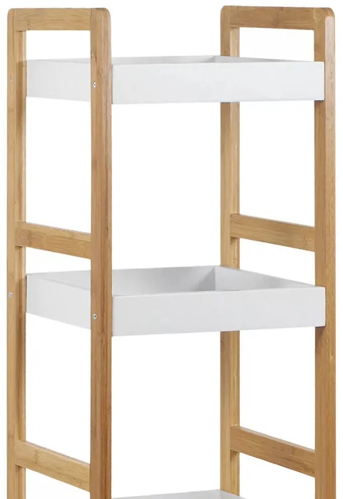 Etajeră de depozitare DR-013-3, din 3 piese, realizată din bambus, culoare natur, cu rafturi din MDF alb. Capacitate de încărcare: 9 kg.