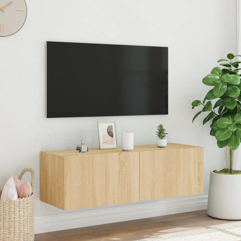 sonoma tölgy színű fali TV-szekrény LED-ekkel 100 x 35 x 31 cm