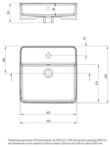 Deante CGS_6U4B - SQUARE 42x42 cm kerámia mosdó, asztalra, fehér, nyílással