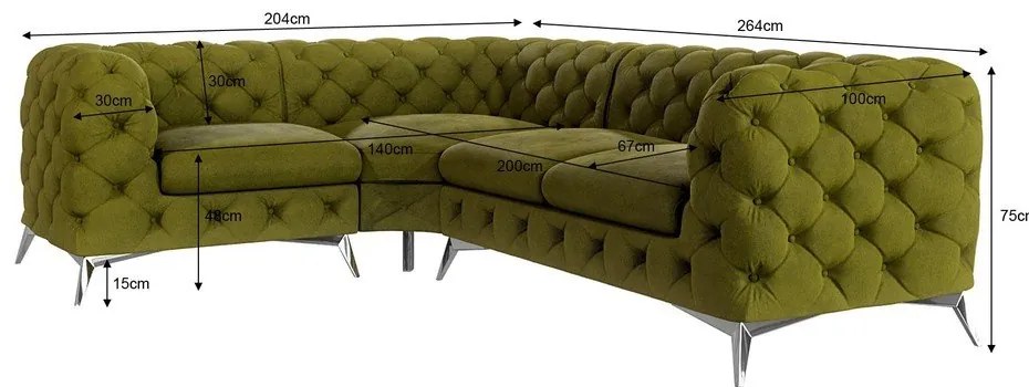Zöld bársony sarokkanapé (bal oldali-L alakú) Chelsea – Ropez