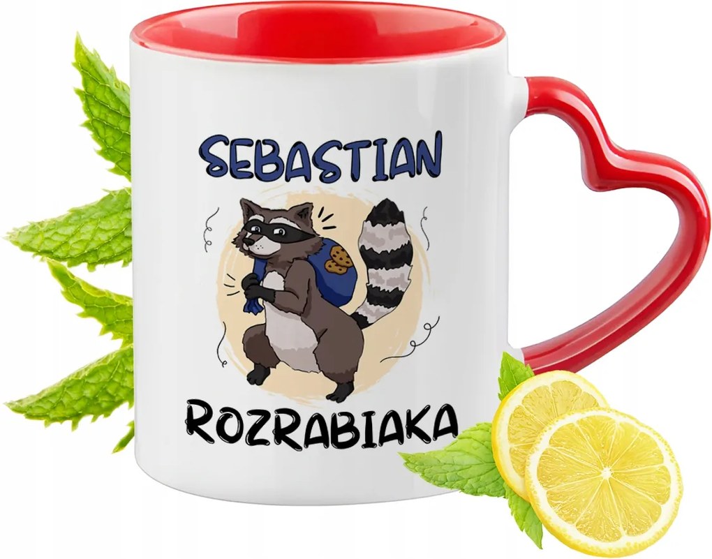 Piros bögre szív alakú füllel Sebastiannak Ajándék