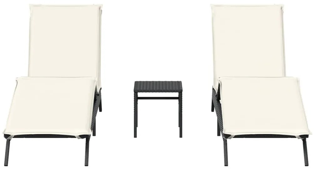 2 db fekete polyrattan napozóágy asztallal