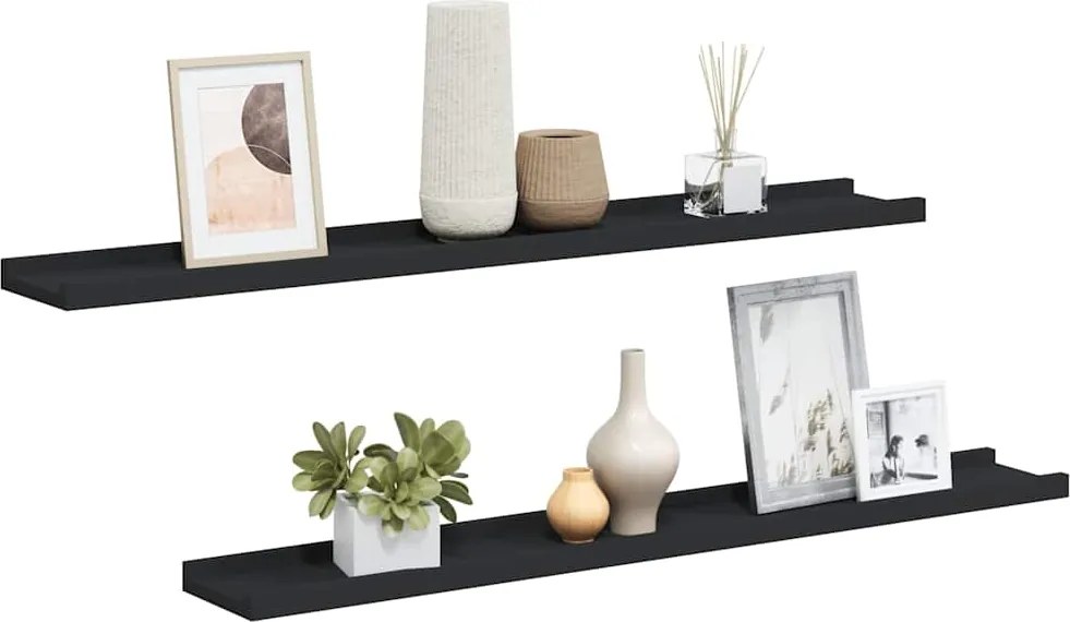 vidaXL 2 db fekete MDF szegélypolc képkeretekhez 80 x 9 x 3 cm