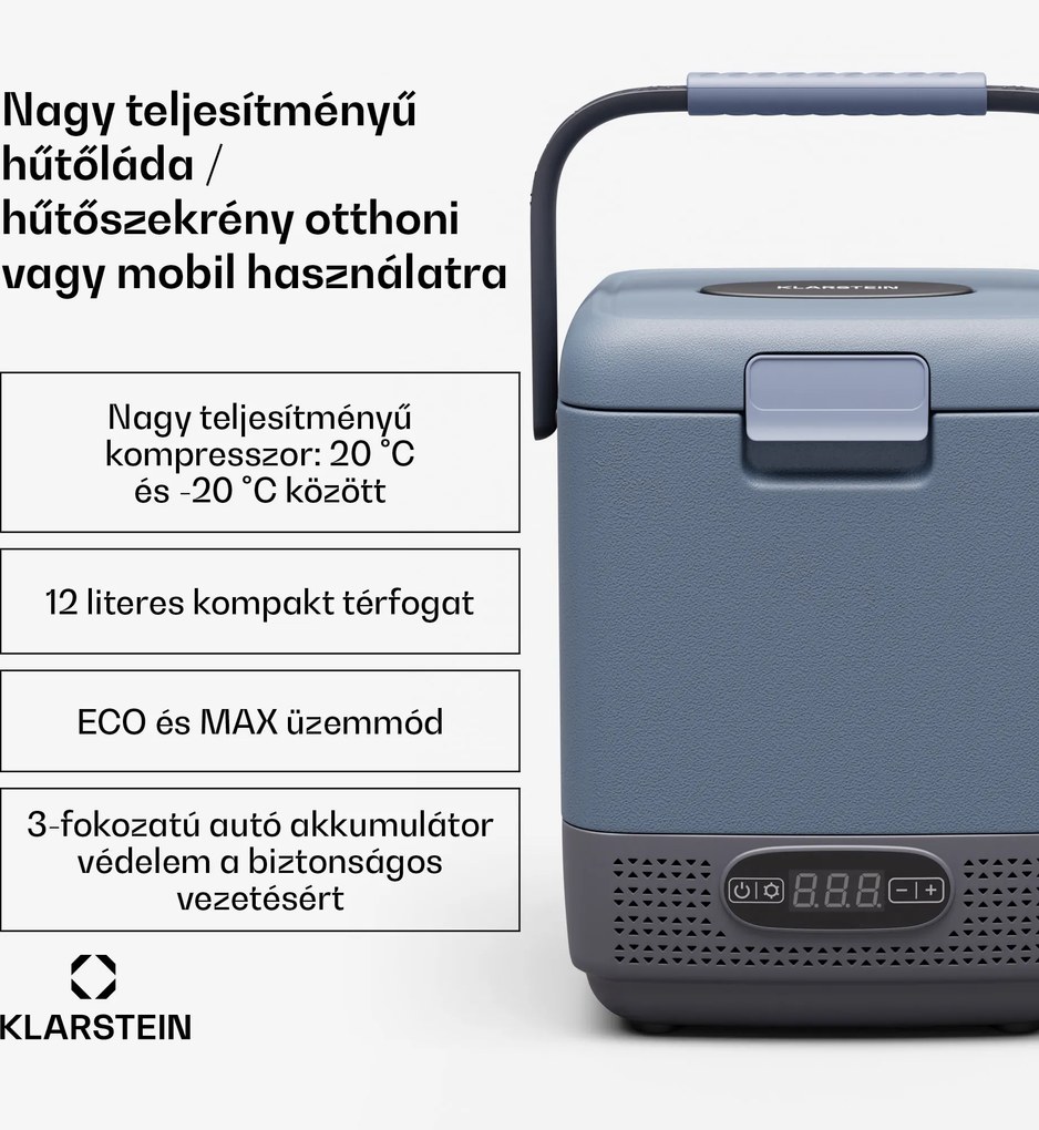 Klarstein SwiftFrost 12L hűtőtáska, 12V-24V/230V, -20 °C-ig, kompresszor, 2 teljesítményszint, LED kijelző