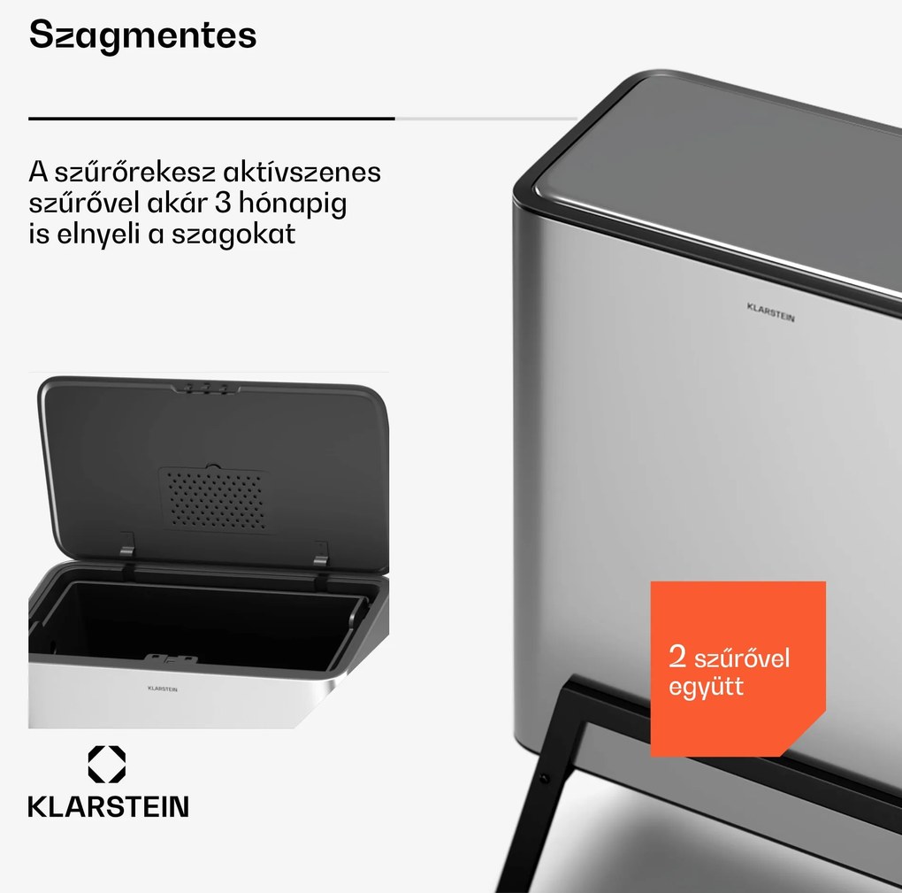 Klarstein Yuma hulladékgyűjtő, 30 l, belső kosár, szagszűrő, lábak, gombbal nyitható