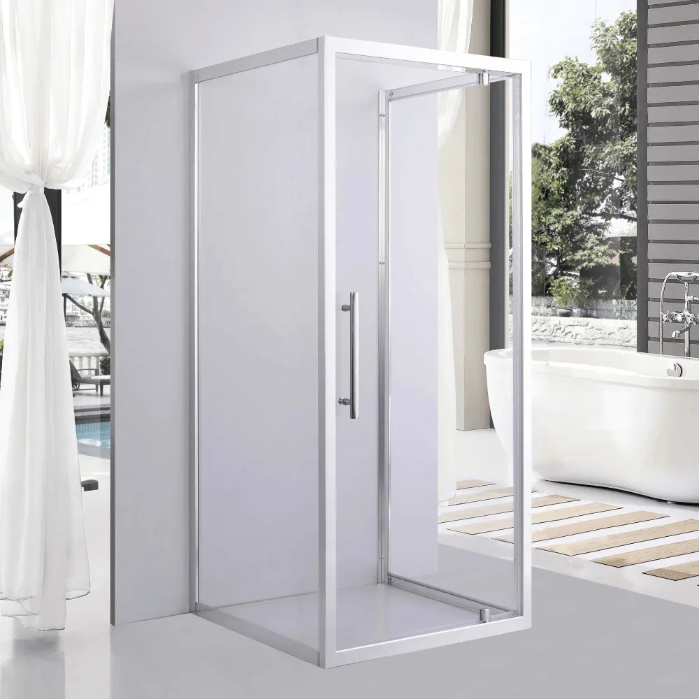 Stuxi Torino 100x100 falsíkra szerelhető 3 oldalú nyílóajtós zuhanykabin 6 mm vízlepergető biztonsági üveggel, króm elemekkel, 200 cm magas