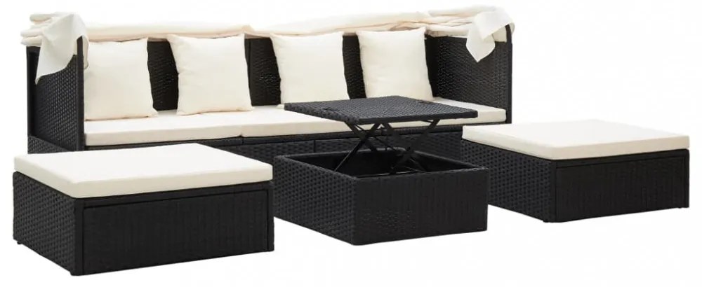 fekete polyrattan kerti napozóágy tetővel