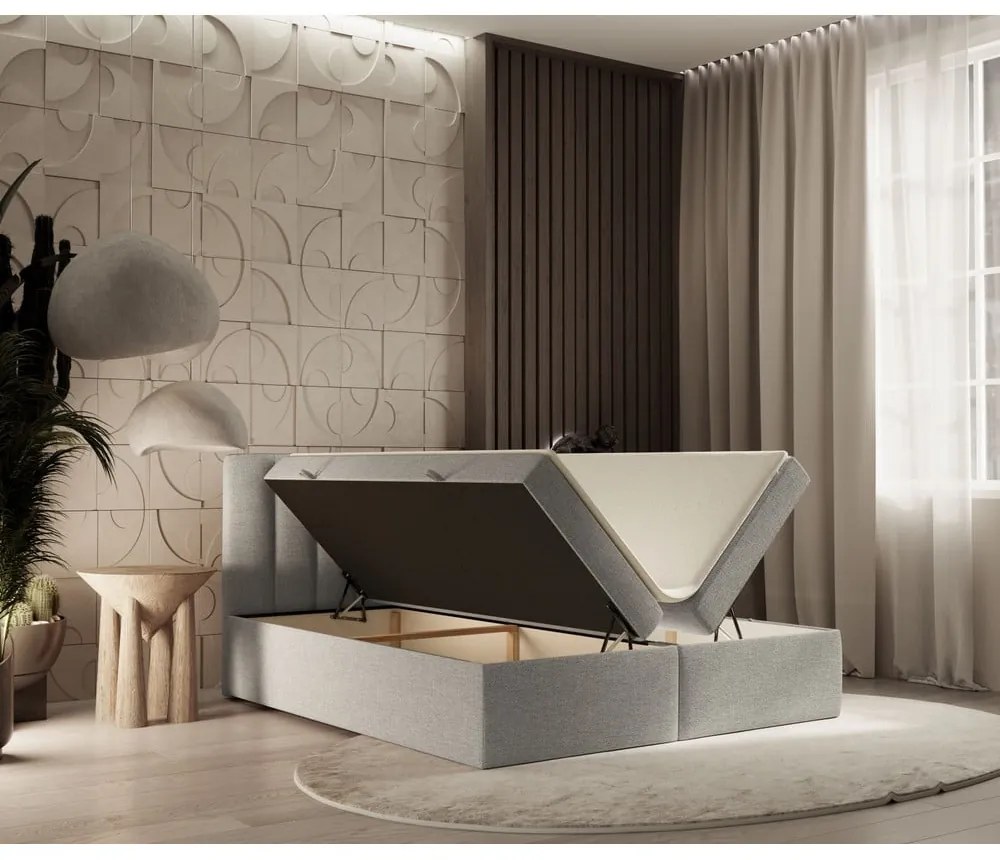 Világosszürke ágyneműtartós boxspring ágy 160x200 cm Novento – Maison de Rêve