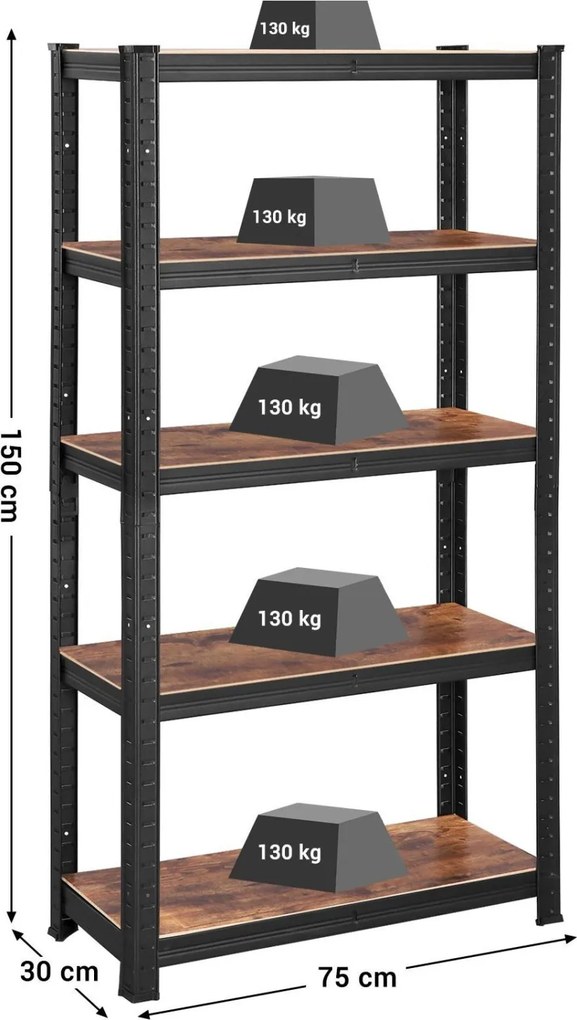 Polcos állvány, salgópolc, 130kg polconkénti teherbírással, fekete 150x75x30cm