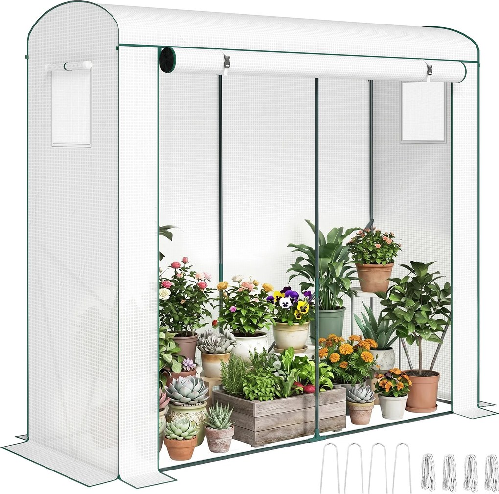 Outsunny PE Greenhouse with Mesh Windows & Roll-Up Door, Steel Frame, 79" x 29.5" x 74" (200 x 75 x 188 cm) – White/Green | Aosom