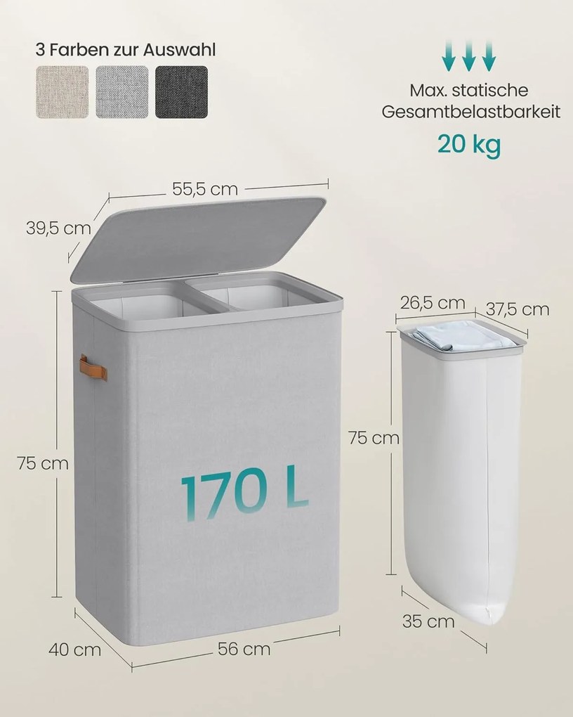 SONGMICS szennyestartó kosár 170 L, 56 × 40 × 75 cm, szürke