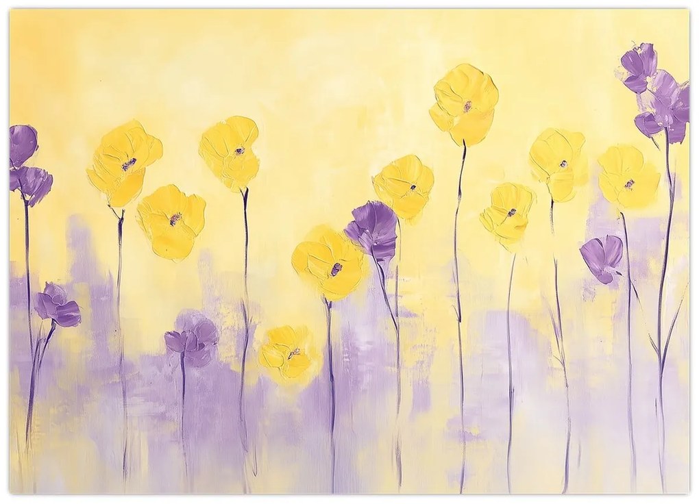 Üveg kép - Lila és sárga virágok (70x50 cm)