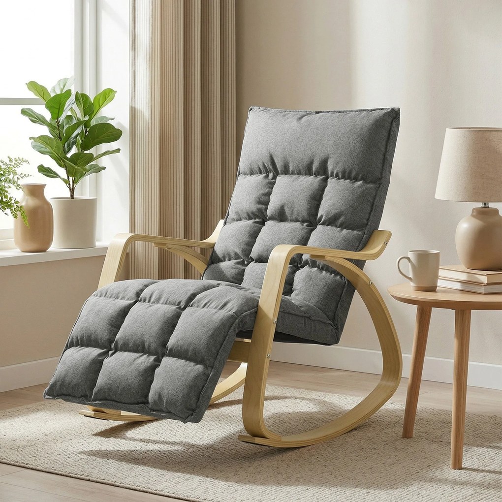 HOMCOM hintáztatható relaxfotel 5 pozíciós lábtartóval, magas háttámlával, lenhatású kárpittal — szürke | Aosom