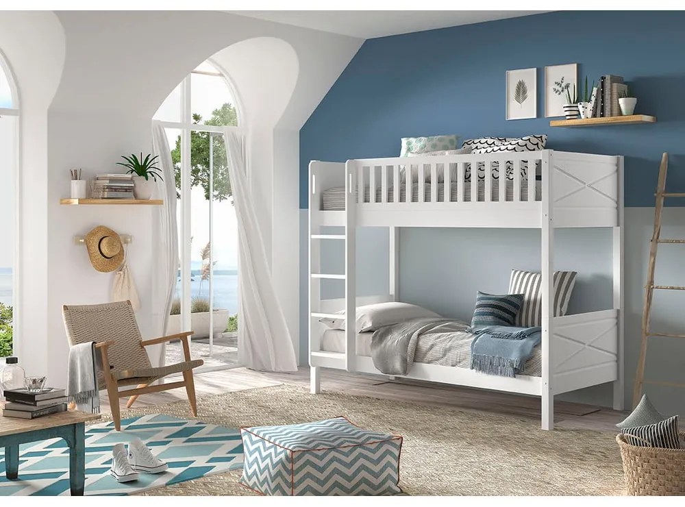 Fehér emeletes borovi fenyő gyerekágy tárolóhellyel 90x200 cm SCOTT – Vipack