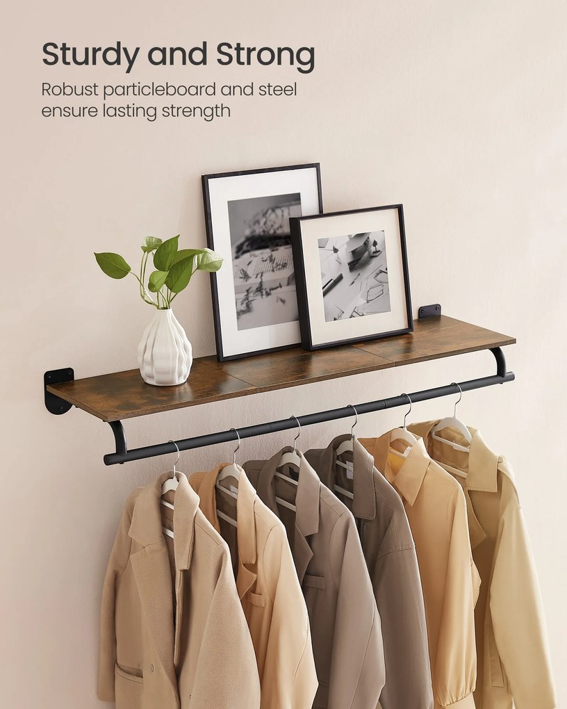 Fali Ruhatartó Állvány, Fali Polc Akasztórúddal, 28 x 109 x 13,2 cm, Rusztikus Barna és Fekete