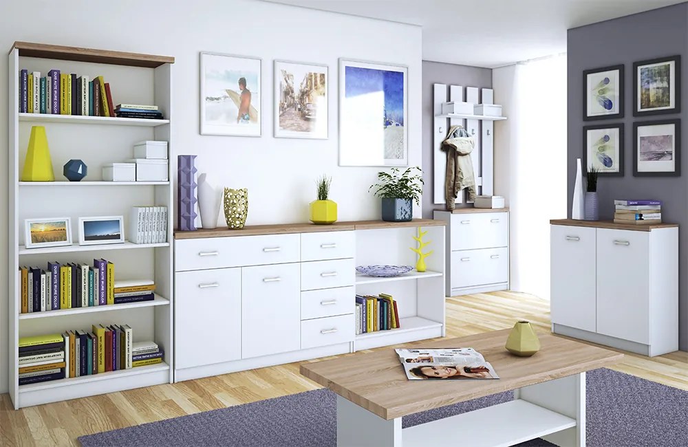 magas könyvespolc, fehér/tölgy sonoma, TOPTY 06