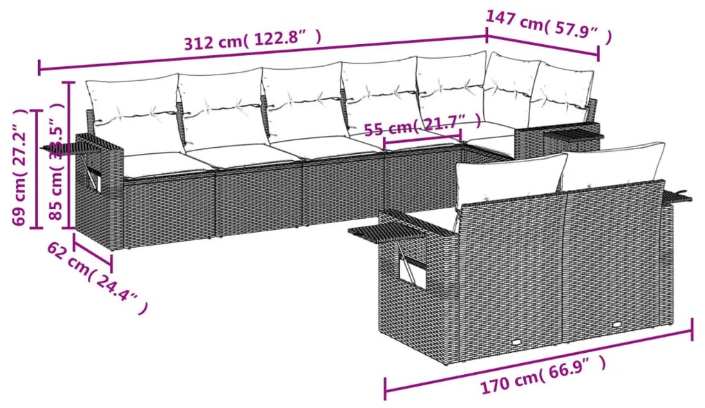 8-részes világosszürke polyrattan kerti ülőgarnitúra párnával