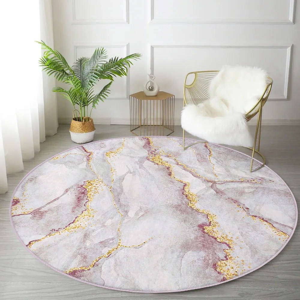 Világos rózsaszín-aranyszínű mosható kerek szőnyeg ø 120 cm Marble – Mila Home