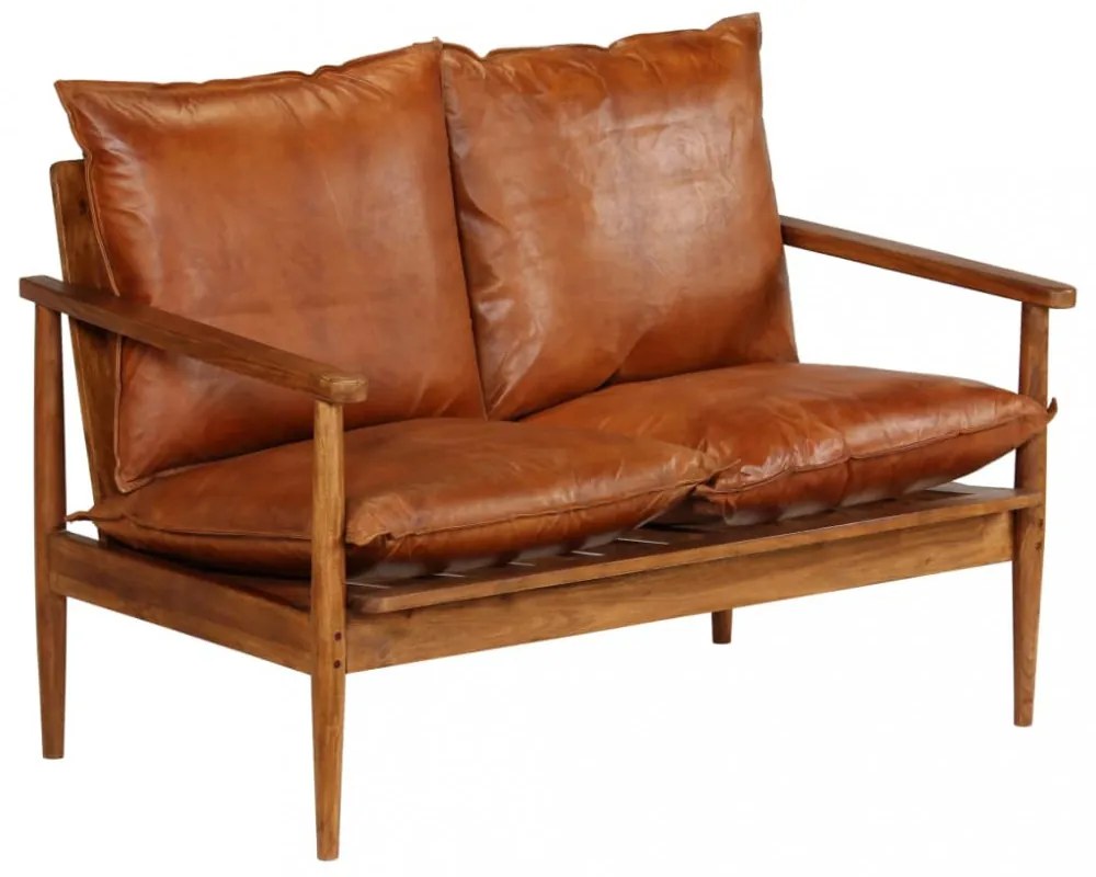 vidaXL 2 személyes valódi bőr kanapé barna akácfával