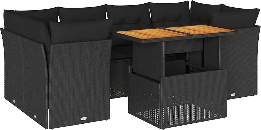 vidaXL 7 részes fekete polyrattan kerti ülőgarnitúra párnával
