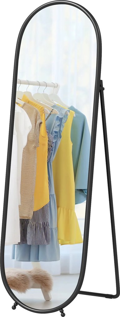 HOMCOM Nagyméretű Tükör, 160 x 40 cm Falitükör Állványon, Fém Kerettel, Ovális Padlótükör Nappaliba, Hálószobába, Fekete | Aosom
