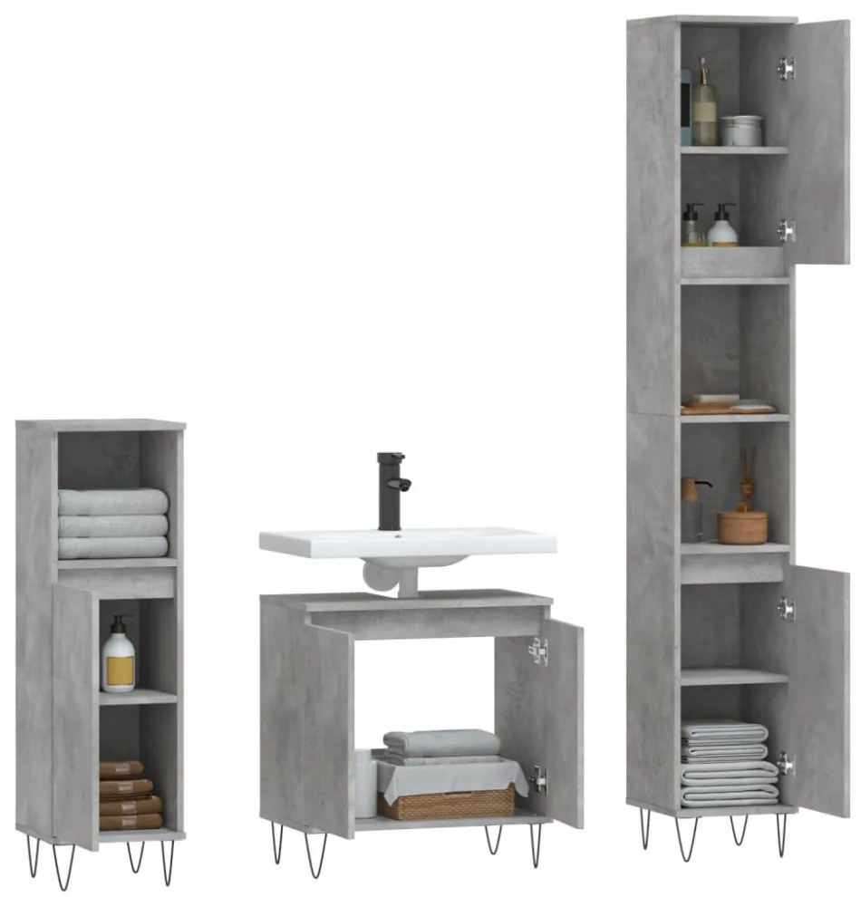 vidaXL 3 részes betonszürke szerelt fa fürdőszobaszekrény-szett