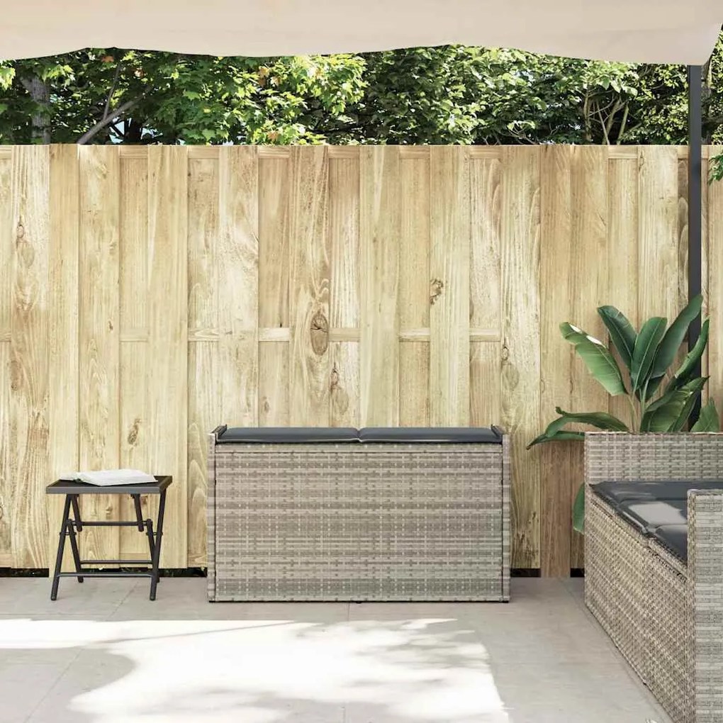 Világosszürke polyrattan kültéri tárolópad párnával 100 cm