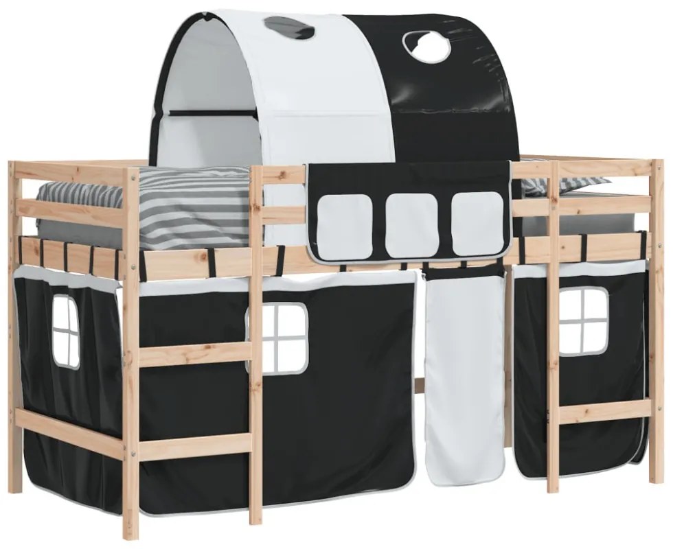 fehér-fekete tömör fenyő gyerek galériaágy alagúttal 90x190 cm