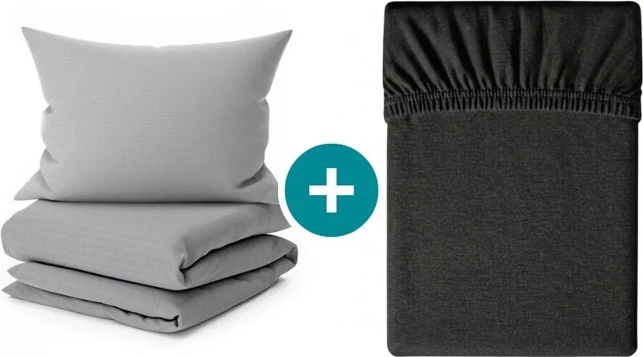 Krepp ágynemű szett DENYX BLEND szürke, hotelzseb + jersey lepedő 90 x 200 cm sötétszürke, egyszemélyes ágyhoz