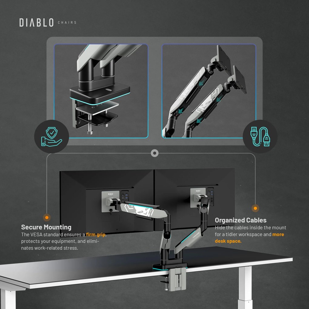 Dupla monitortartó 35" RGB, szürke-fekete: Diablo X-Arm Dual