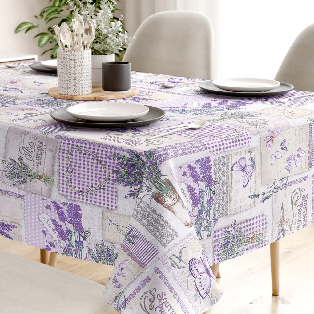 Goldea szögletes terítő 100% pamutvászon - patchwork levandula és pillangó mintás 100 x 100 cm